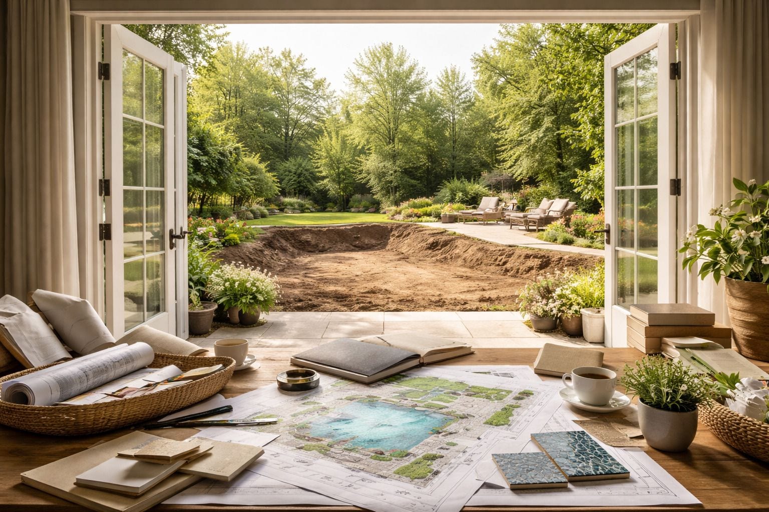 View through open French doors of a freshly excavated pool shell in a lush backyard, with pool design plans, tile samples, and blueprints spread across a table in the foreground