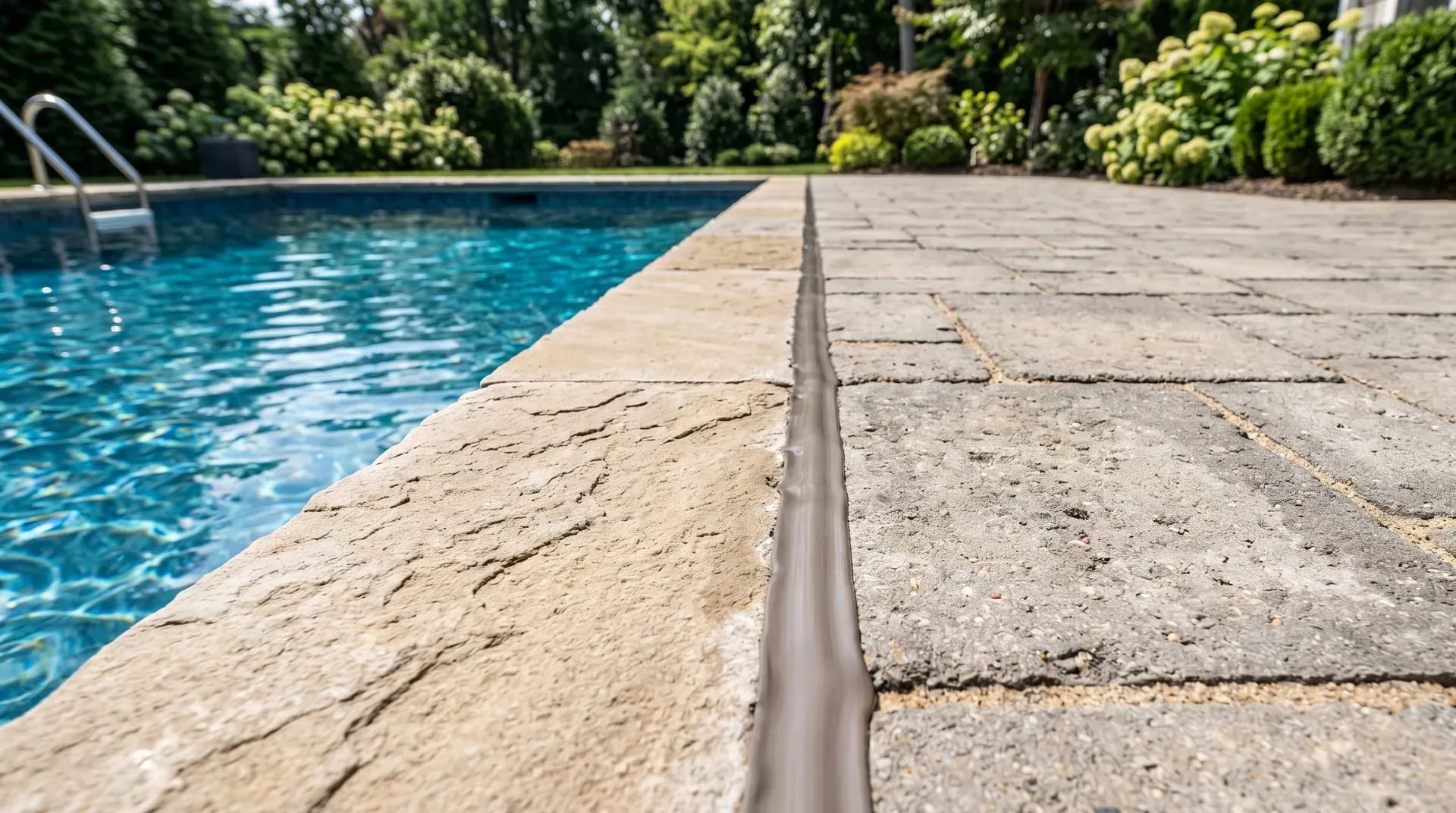 Clean freshly sealed expansion joint between stone coping and a paver pool deck
