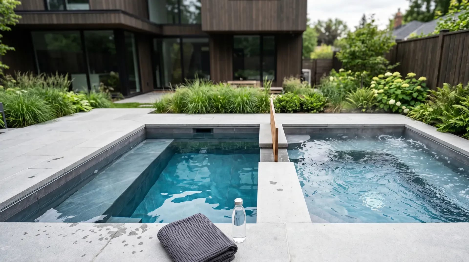 Compact inground cold plunge pool with built-in steps, set beside a spa