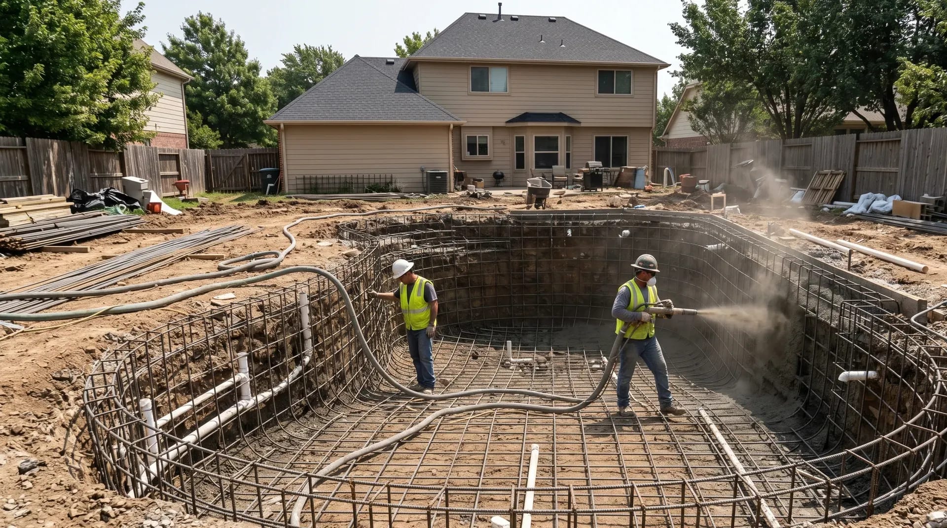 Gunite pool shell under construction with steel rebar framework and crew