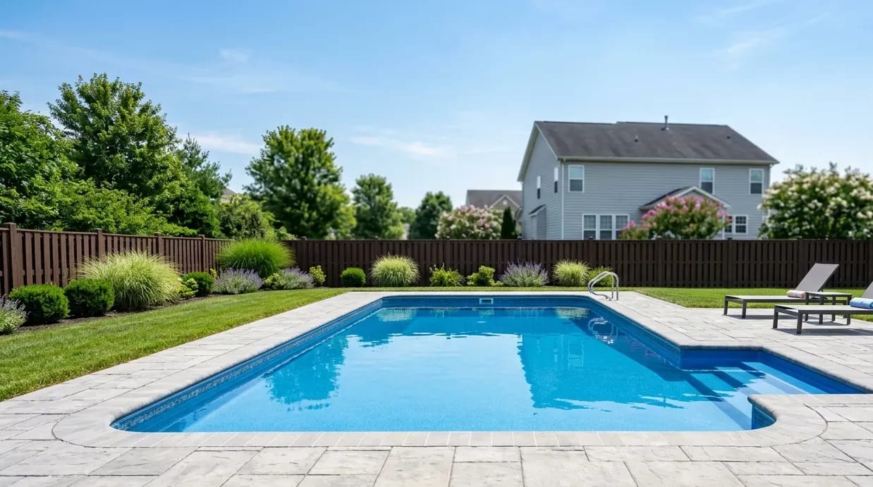 Inground fiberglass pool with smooth blue gelcoat finish on a level backyard lot
