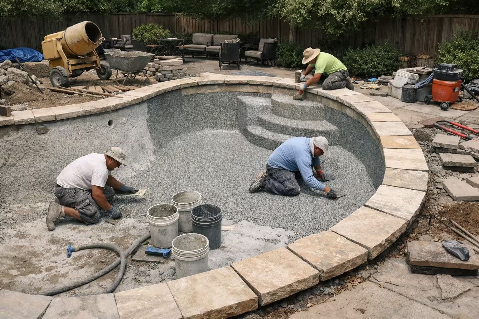 Three pool renovation workers applying pebble plaster finish by hand inside a drained kidney-shaped inground pool with newly installed travertine coping, surrounded by renovation equipment including a concrete mixer, wheelbarrow, buckets, and a wet/dry vacuum in a residential backyard