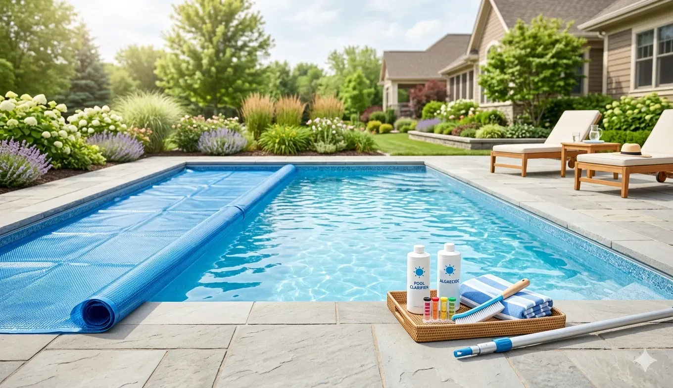 Rectangular inground pool being prepared for summer with a blue solar cover half-rolled back, a tray on the patio holding pool clarifier and algaecide bottles, test tubes, a pool brush, striped towels, and a vacuum pole, beside lounge chairs and lush suburban landscaping