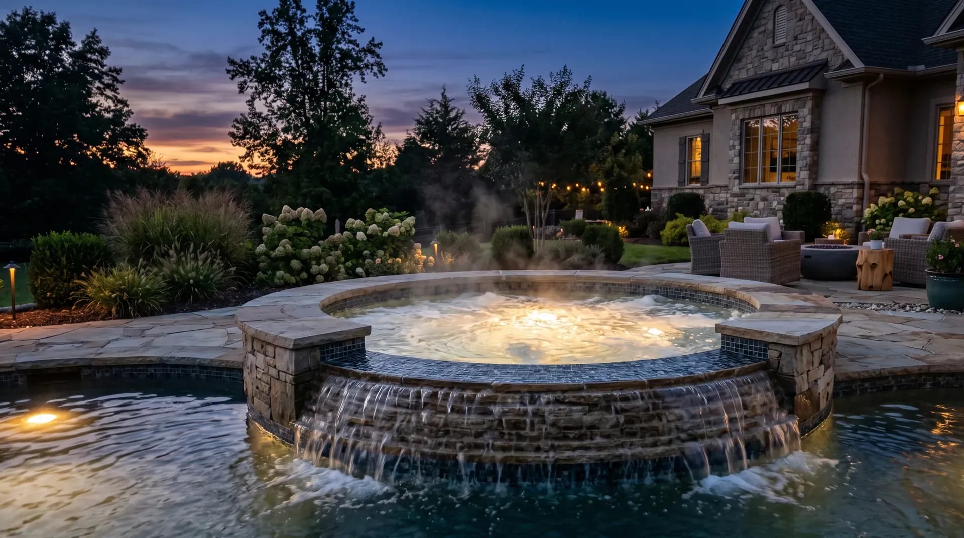 Raised gunite spa spilling over into an inground pool, glowing at dusk