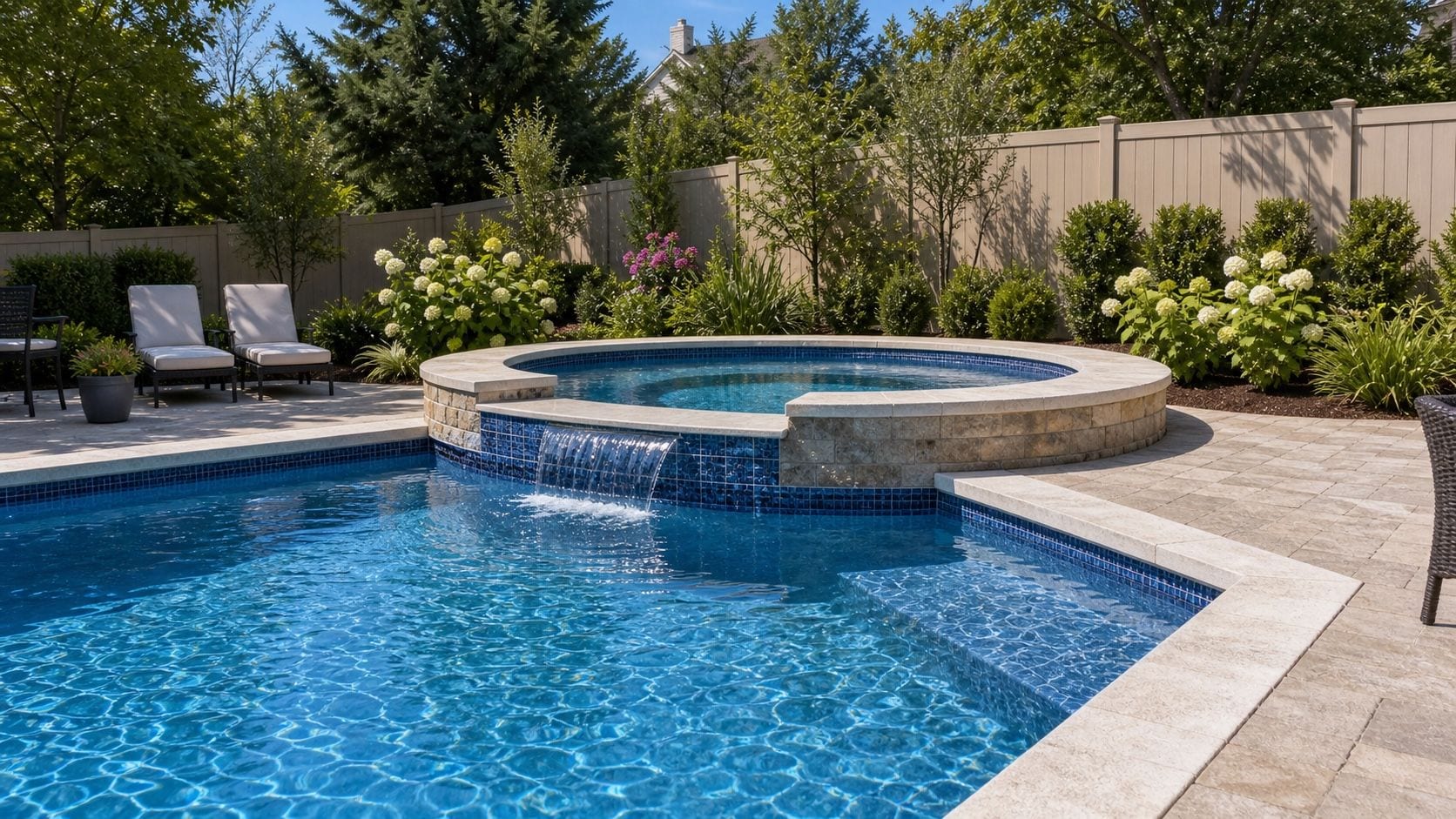 Attached raised gunite spa spilling into an inground pool in a landscaped suburban backyard