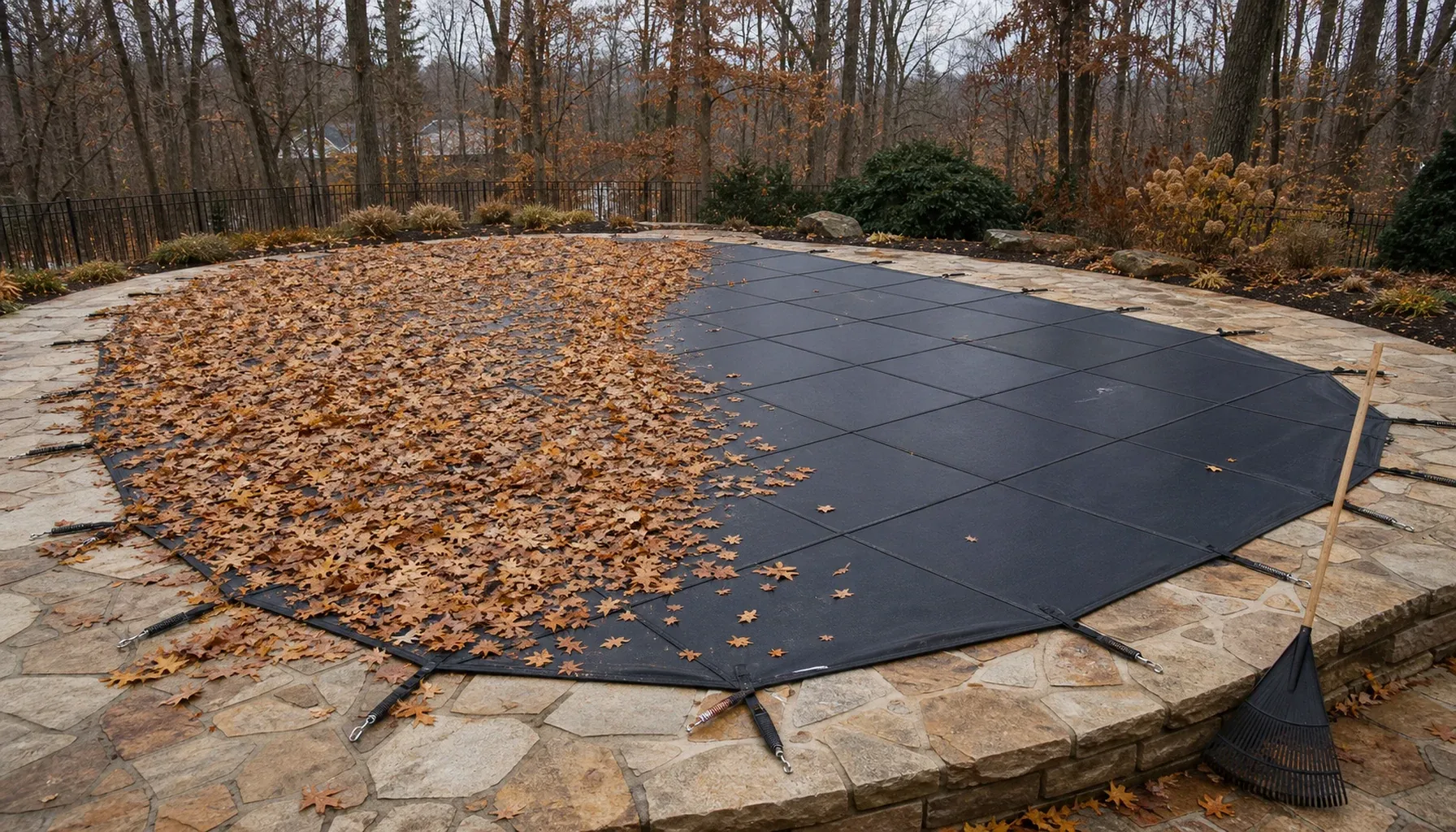 Fallen leaves drifted across half of a taut black mesh pool safety cover with a rake nearby