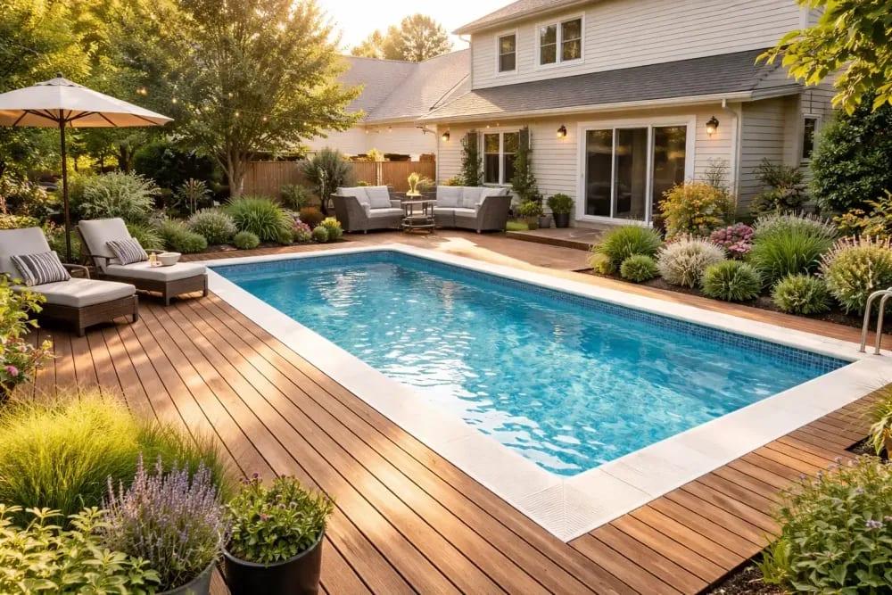 Backyard oasis with a rectangular pool, hardwood deck, lounge chair, and lush garden surrounding a suburban home