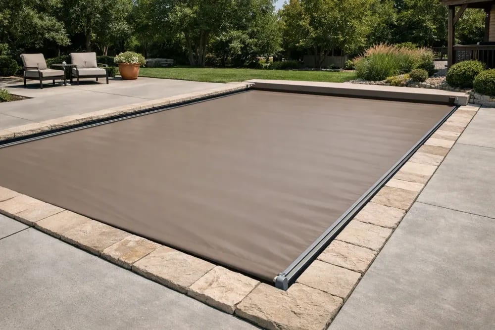 Automatic retractable pool cover fully closed over an inground pool in a tranquil backyard patio setting