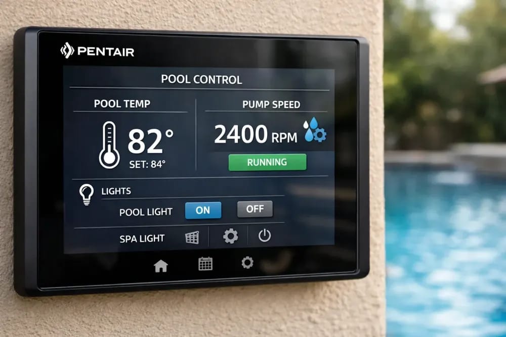 Close-up of a Pentair pool automation control panel showing pool temperature, pump speed, and lighting controls