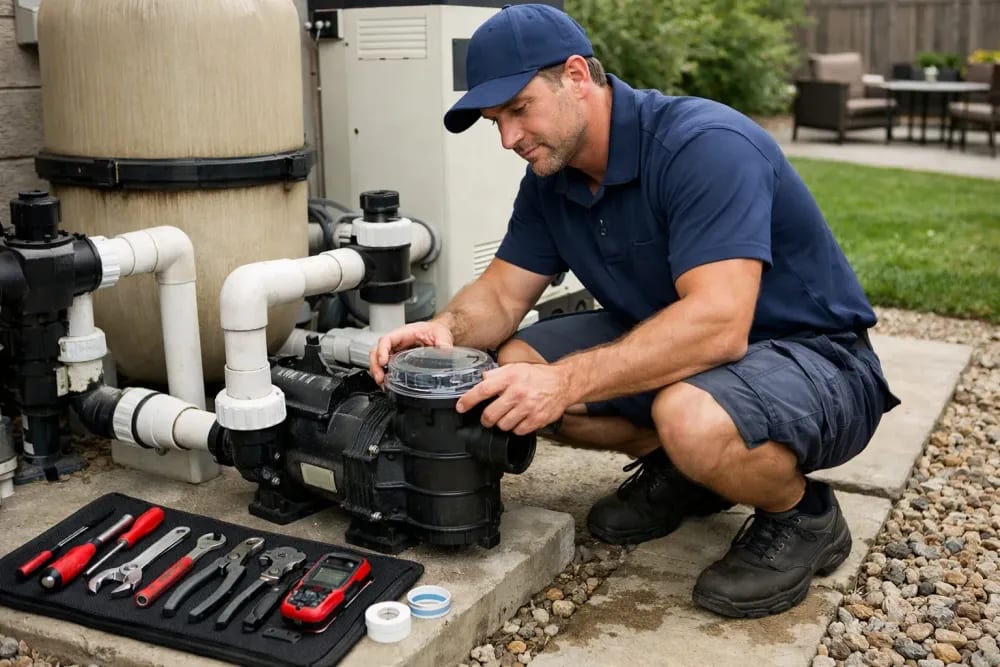 Pool technician in uniform kneeling to service a pool pump motor with tools laid out on the ground