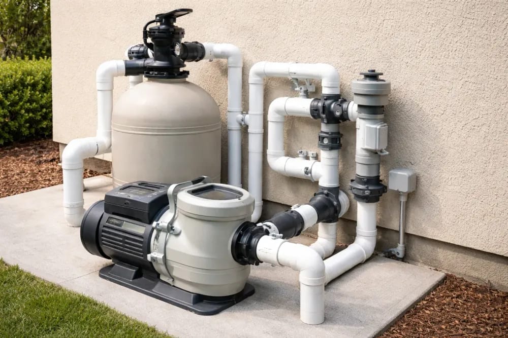 Well-organized pool equipment pad with pump motor, sand filter, and PVC plumbing against an exterior wall