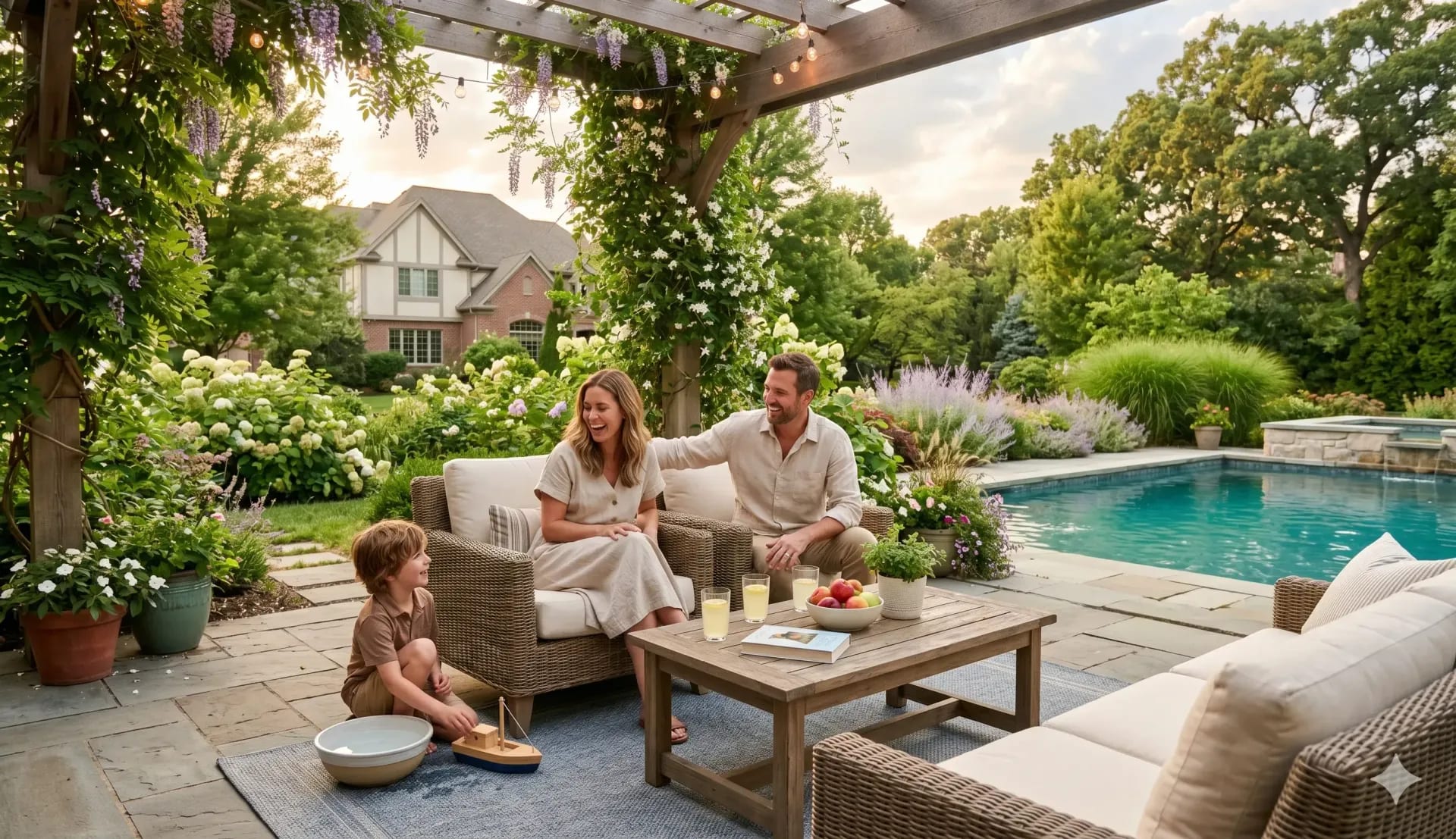 Family relaxing under a flower-covered pergola beside a backyard pool and patio seating area.
