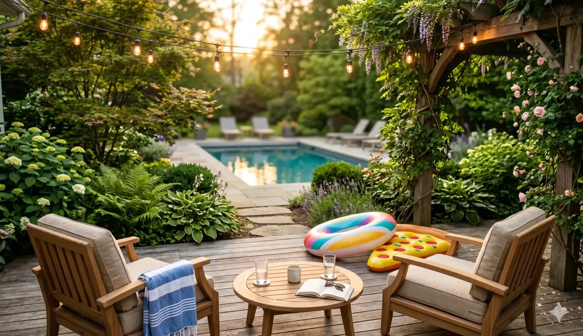 Backyard pool oasis at dusk with a rose-covered pergola, string lights, teak lounge seating, and lush garden landscaping around an inground pool in a DMV backyard