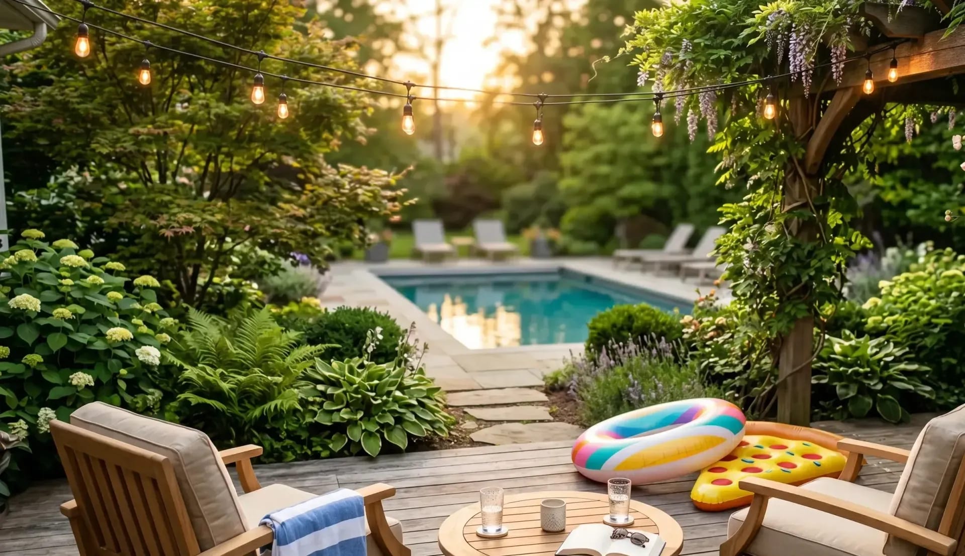 Backyard pool oasis at dusk with a wisteria-covered pergola, string lights, teak lounge seating, and lush landscaping around an inground pool