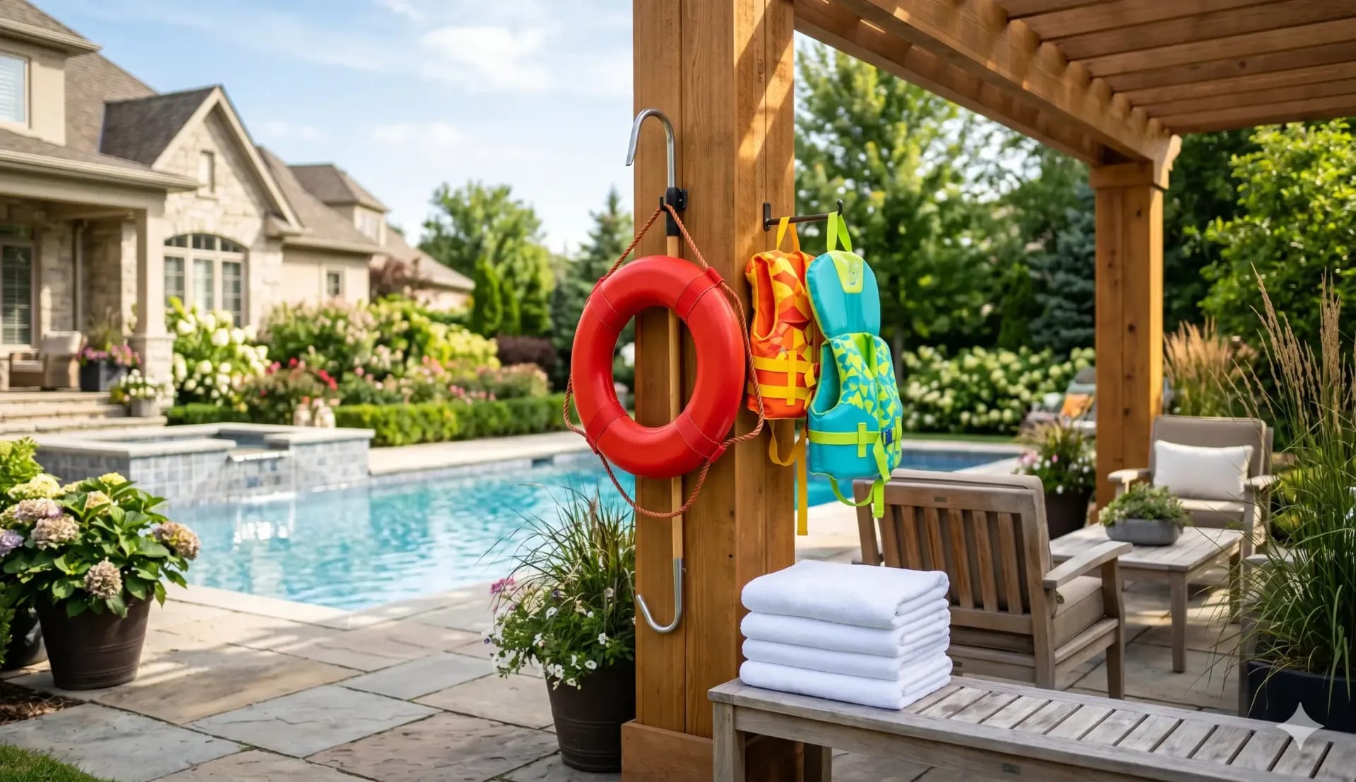 Ring buoy, rescue hook, and kids' life vests hung on a pergola post beside a backyard pool