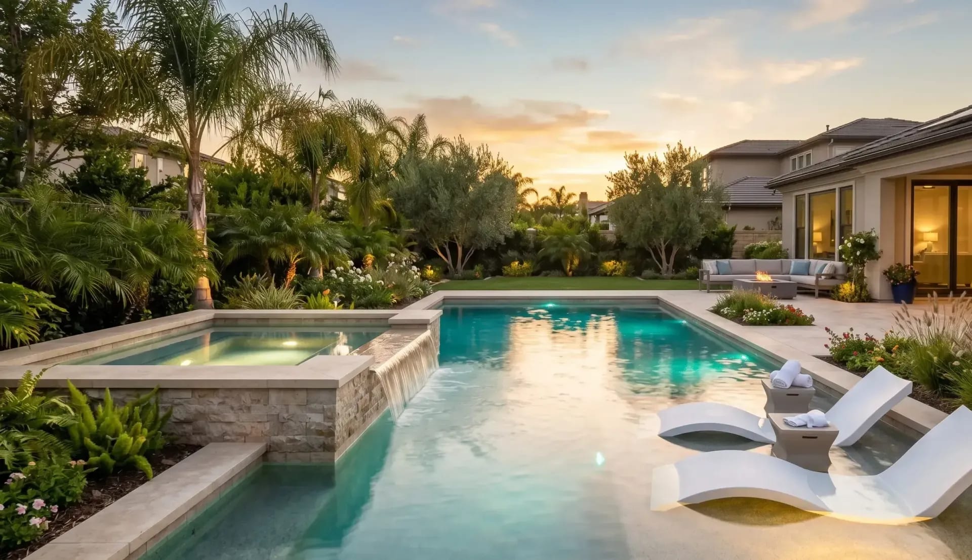 Luxury backyard pool at sunset with raised spa, waterfall edge, and white in-water lounge chairs.