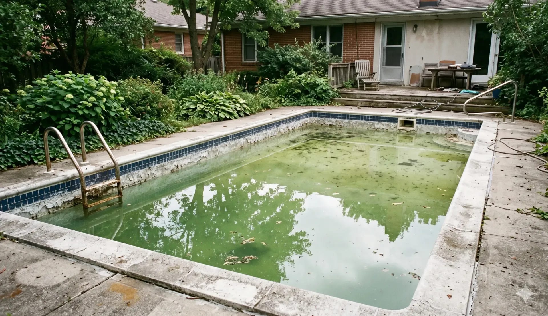 Neglected backyard pool with murky green water, stained walls, and debris floating on the surface.
