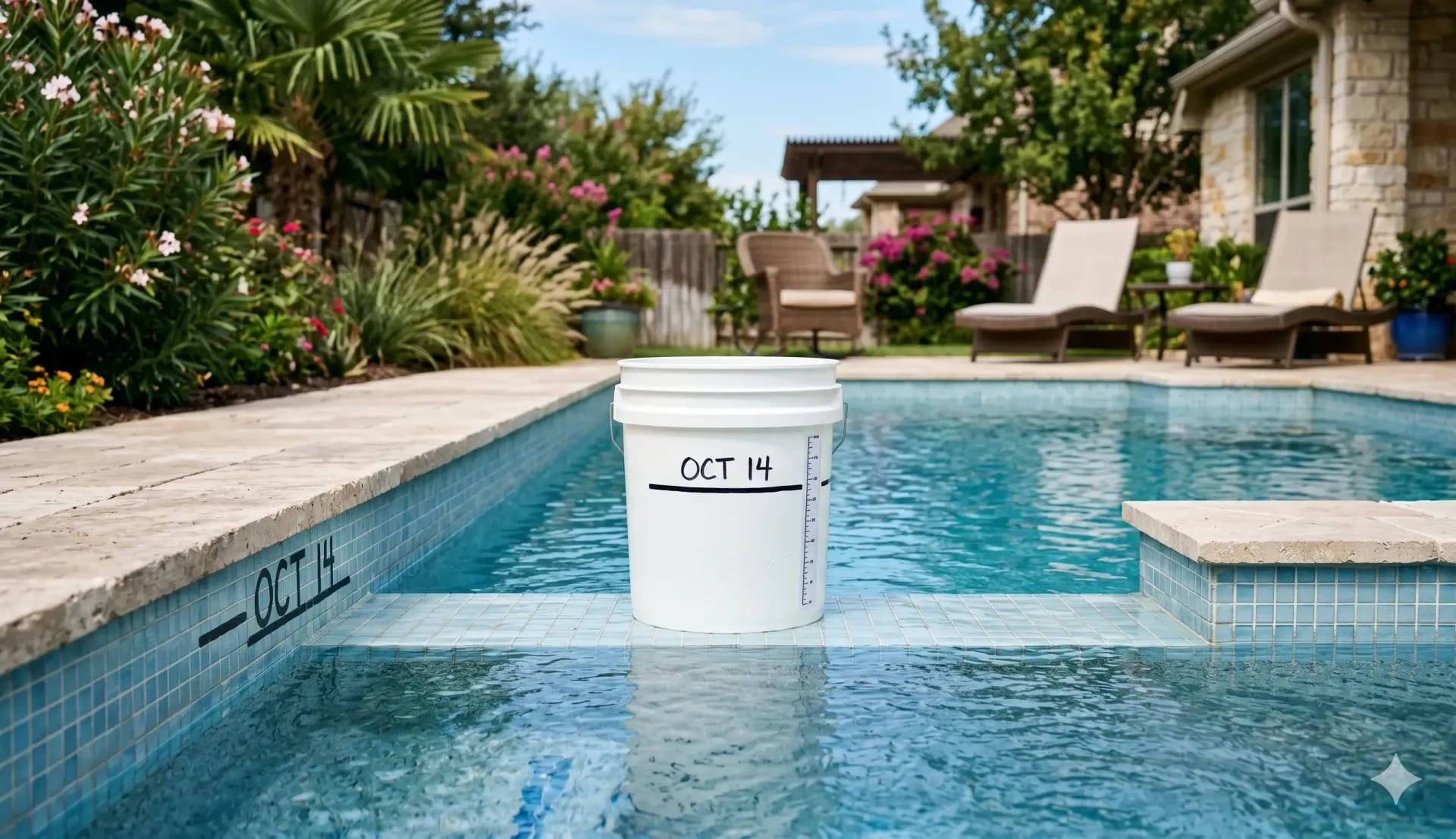 hite bucket marked for a bucket test sitting on a pool step to help detect water loss.