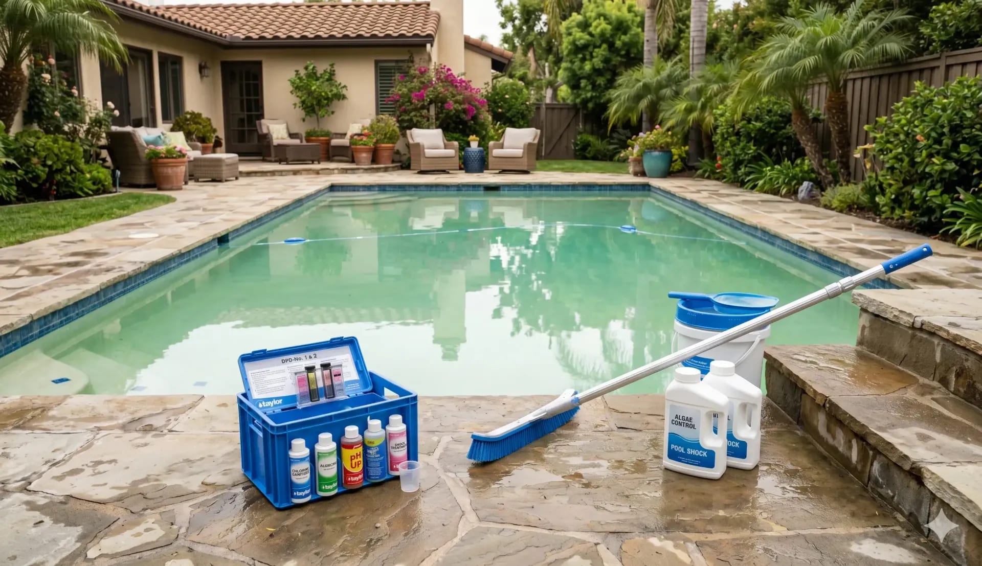 Cloudy green pool with algae treatment supplies, test kit, brush, and chemicals on the wet patio.