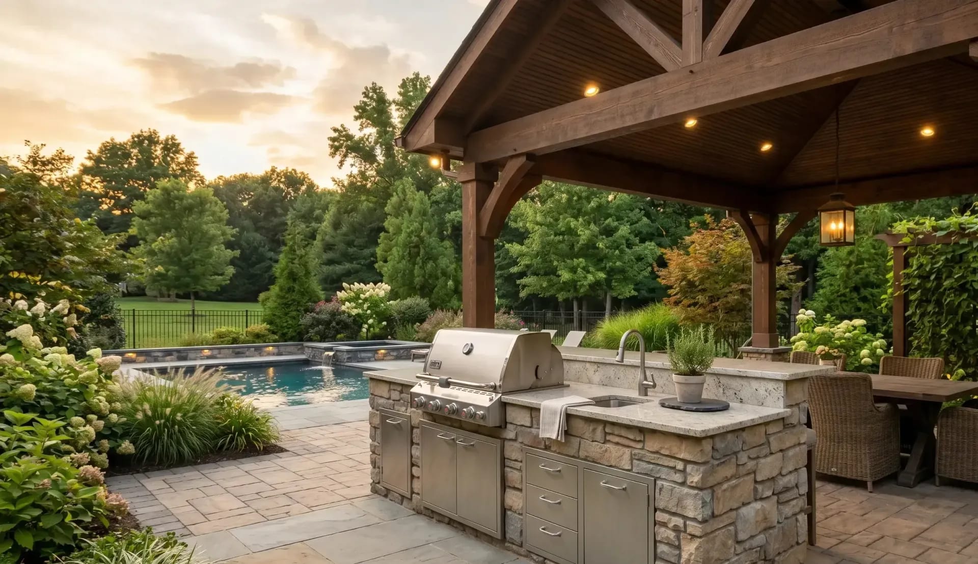 Covered outdoor kitchen with a stone island and grill beside an inground pool in a landscaped backyard at dusk