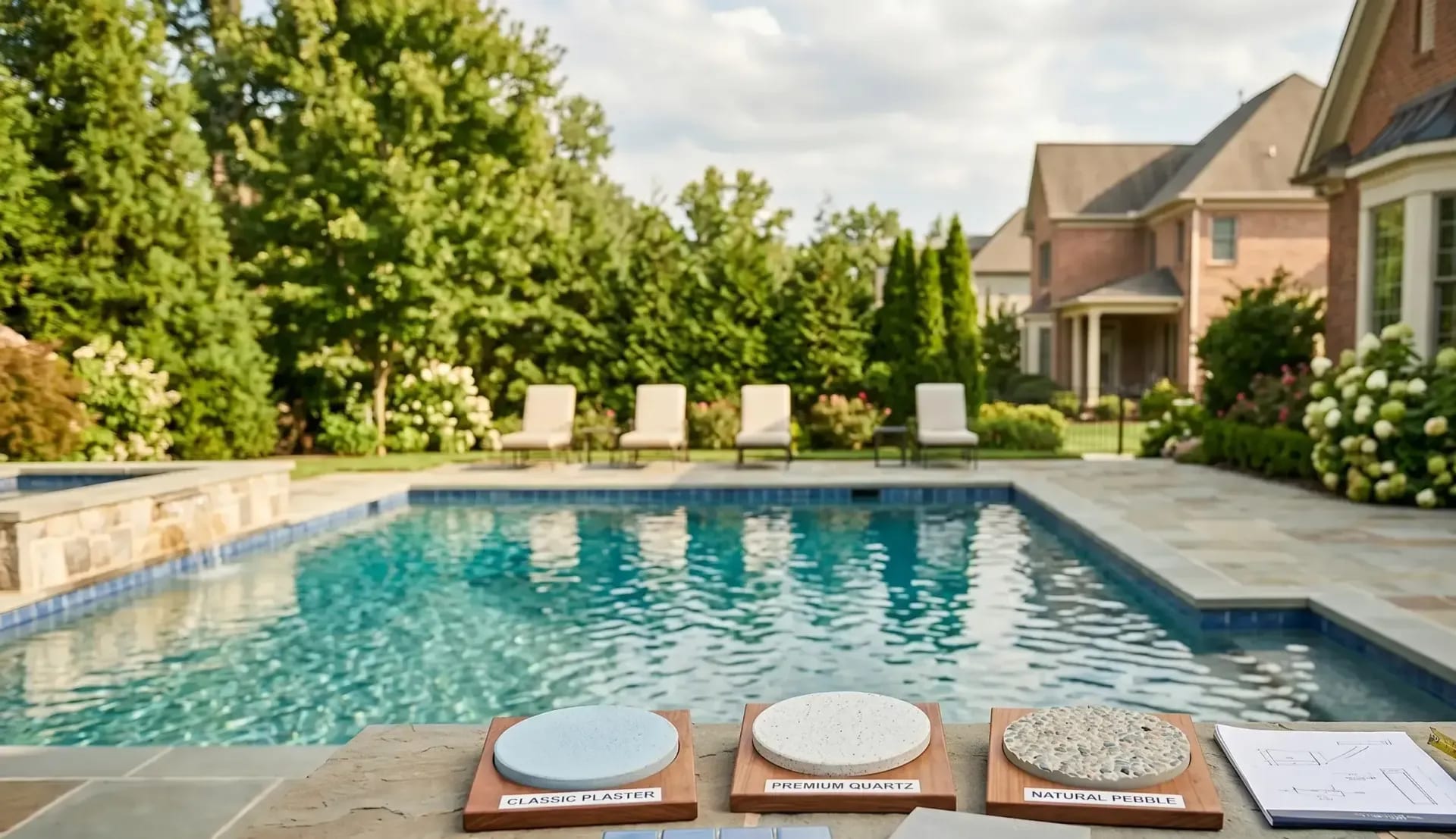 Three pool finish samples — classic plaster, premium quartz, and natural pebble — on wood stands beside an inground backyard pool