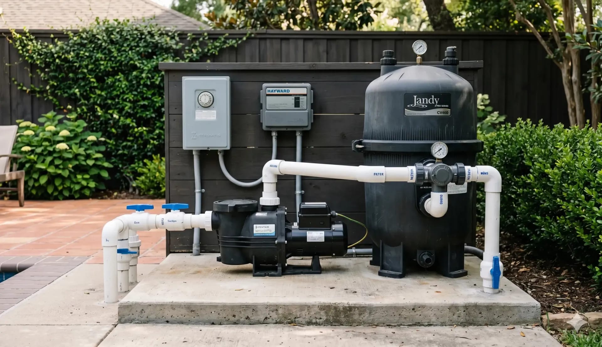 Pool equipment pad with pump, filter, timer, and control box installed beside the patio.