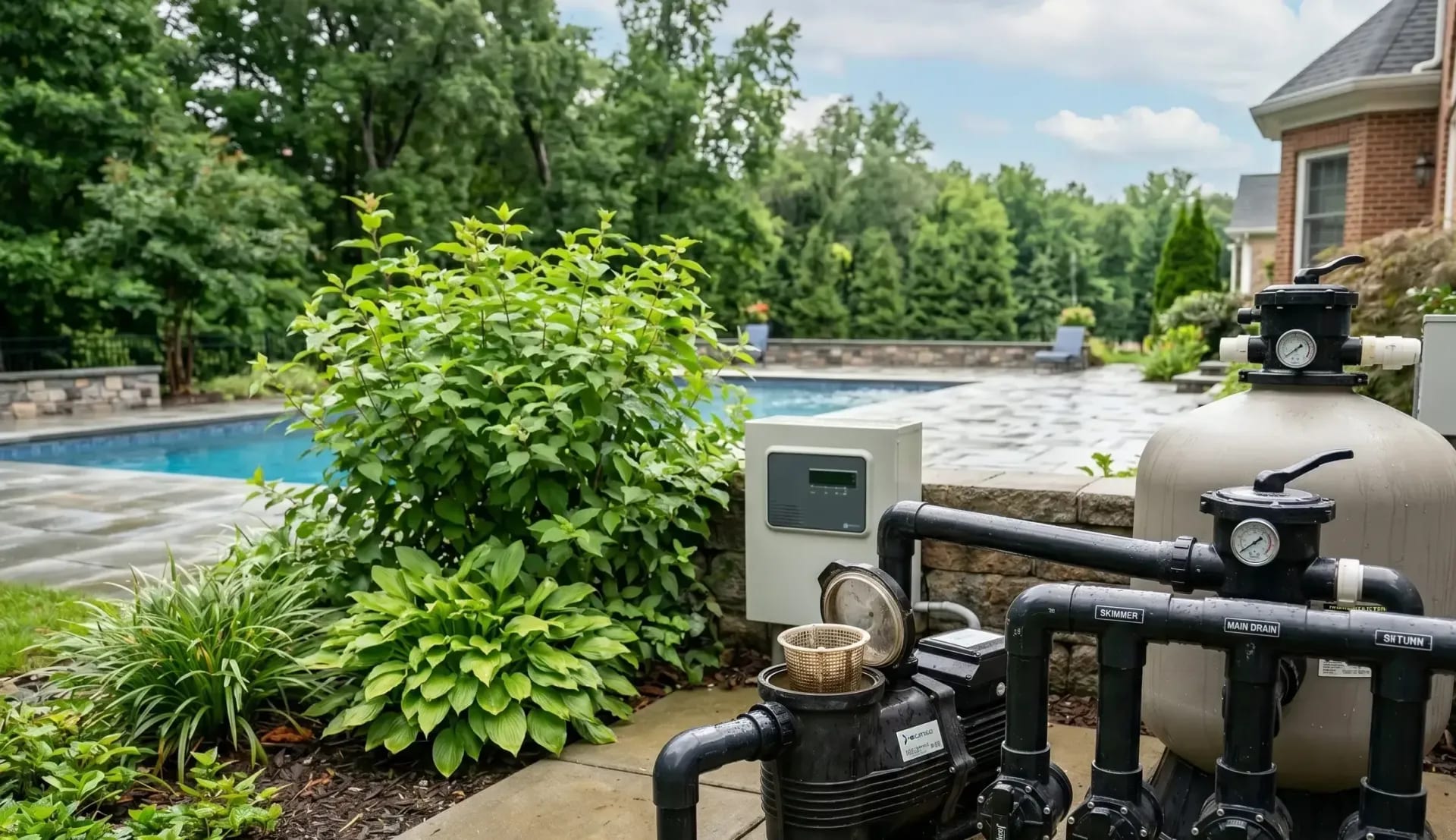 Pool equipment pad with black valves, a pump, and a filter beside an inground pool in a landscaped backyard
