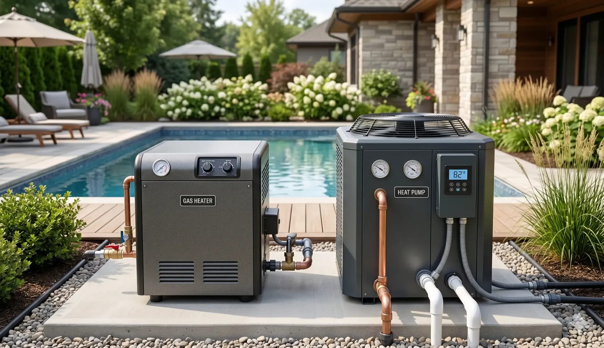Gas pool heater and heat pump installed side by side next to a backyard swimming pool.