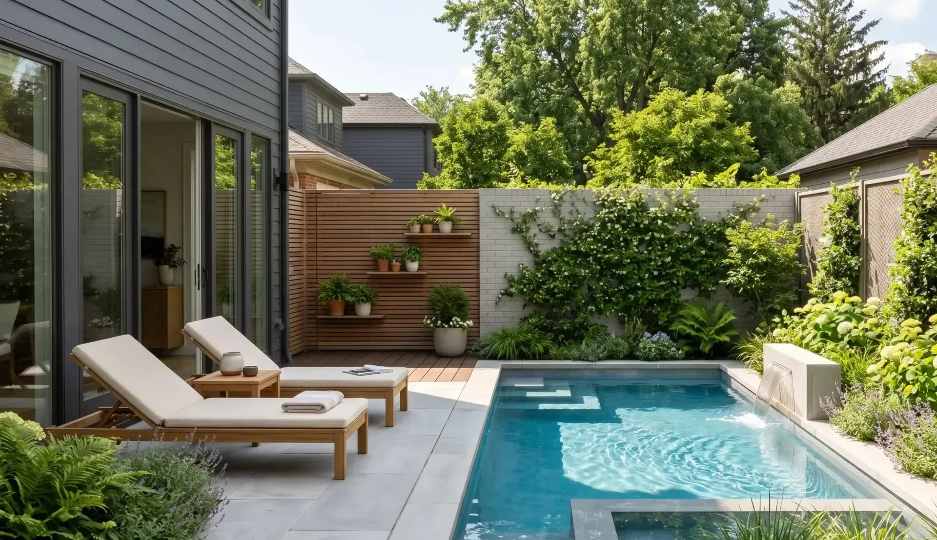 Compact lap pool with lounge chairs, privacy fencing, and lush planting in a small backyard.