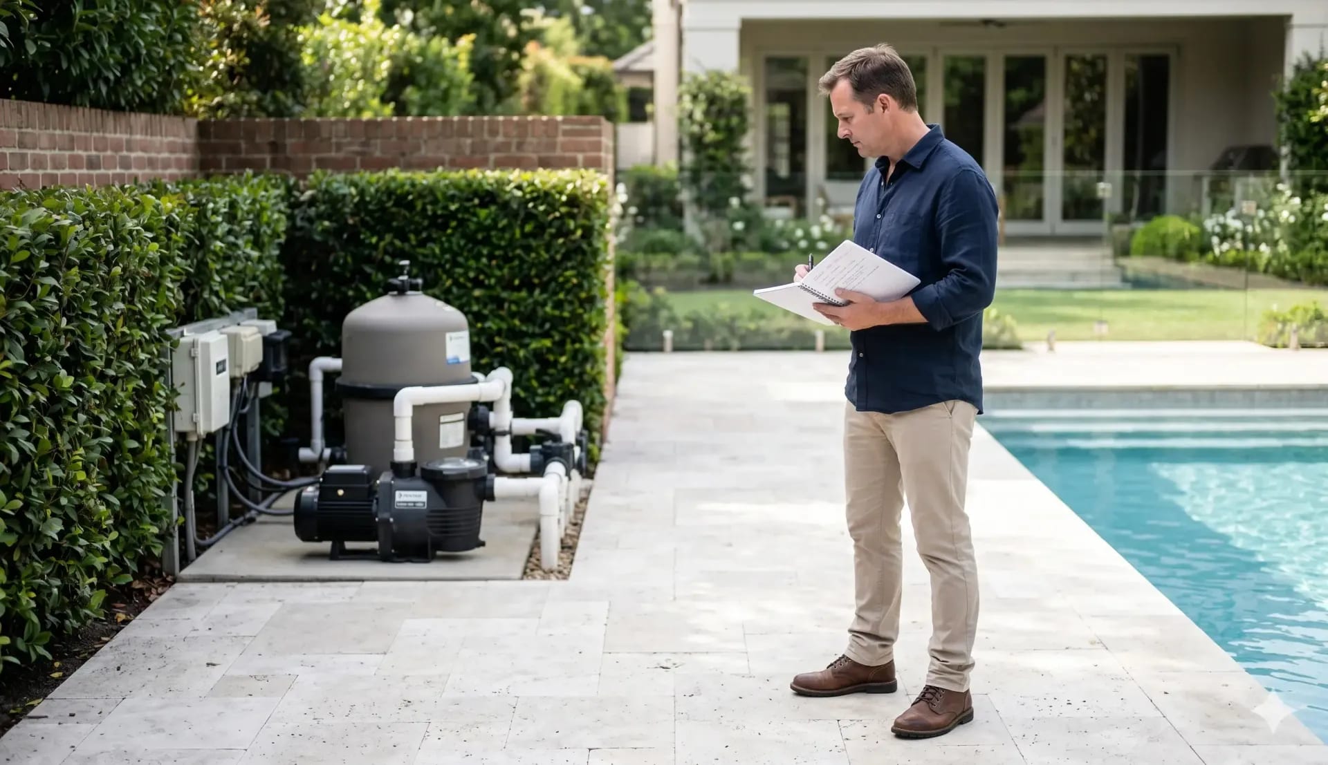 Inspector taking notes while examining pool equipment beside a residential swimming pool.