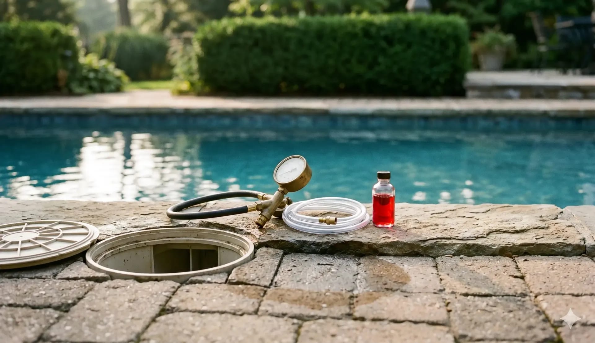 Pressure testing gauge, tubing, and red dye bottle beside an open pool skimmer on stone coping
