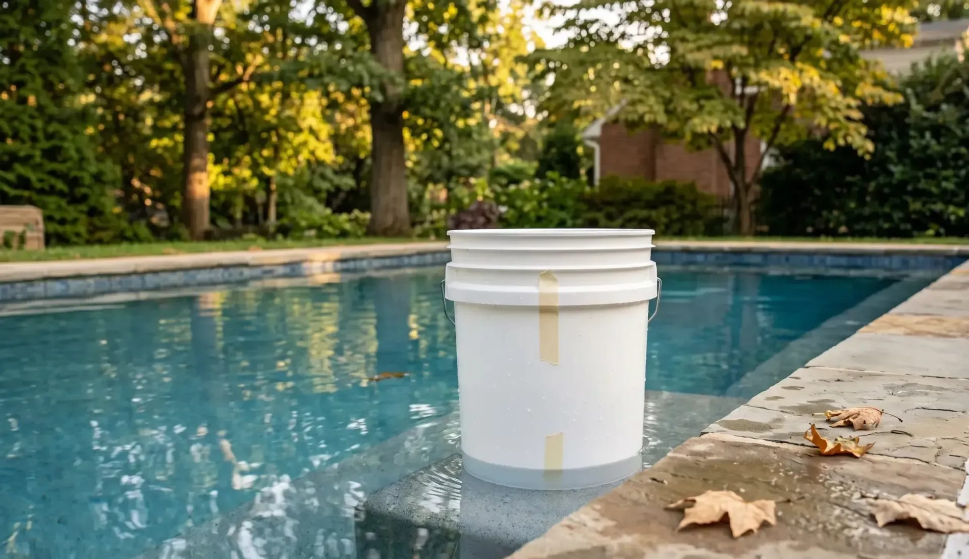 White bucket on a pool step with fallen leaves beside a backyard pool