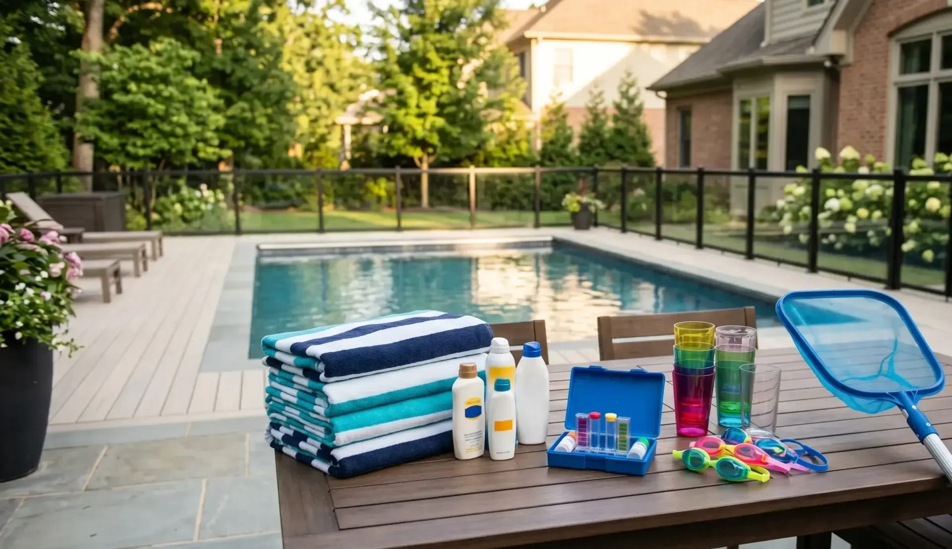 Poolside table with folded striped towels, sunscreen, a water test kit, plastic cups, and swim goggles beside an inground pool