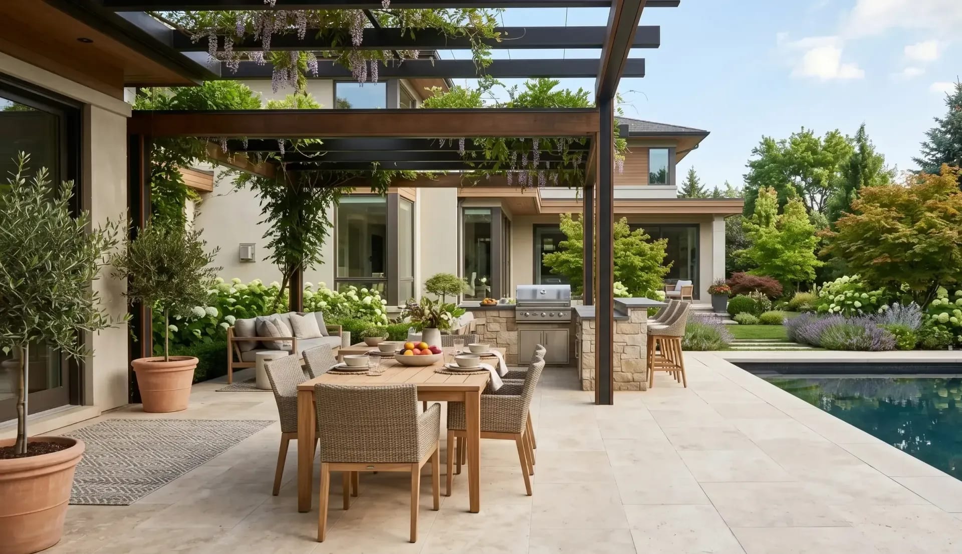 Covered poolside patio with dining table, outdoor kitchen, and lounge area beside a modern pool.