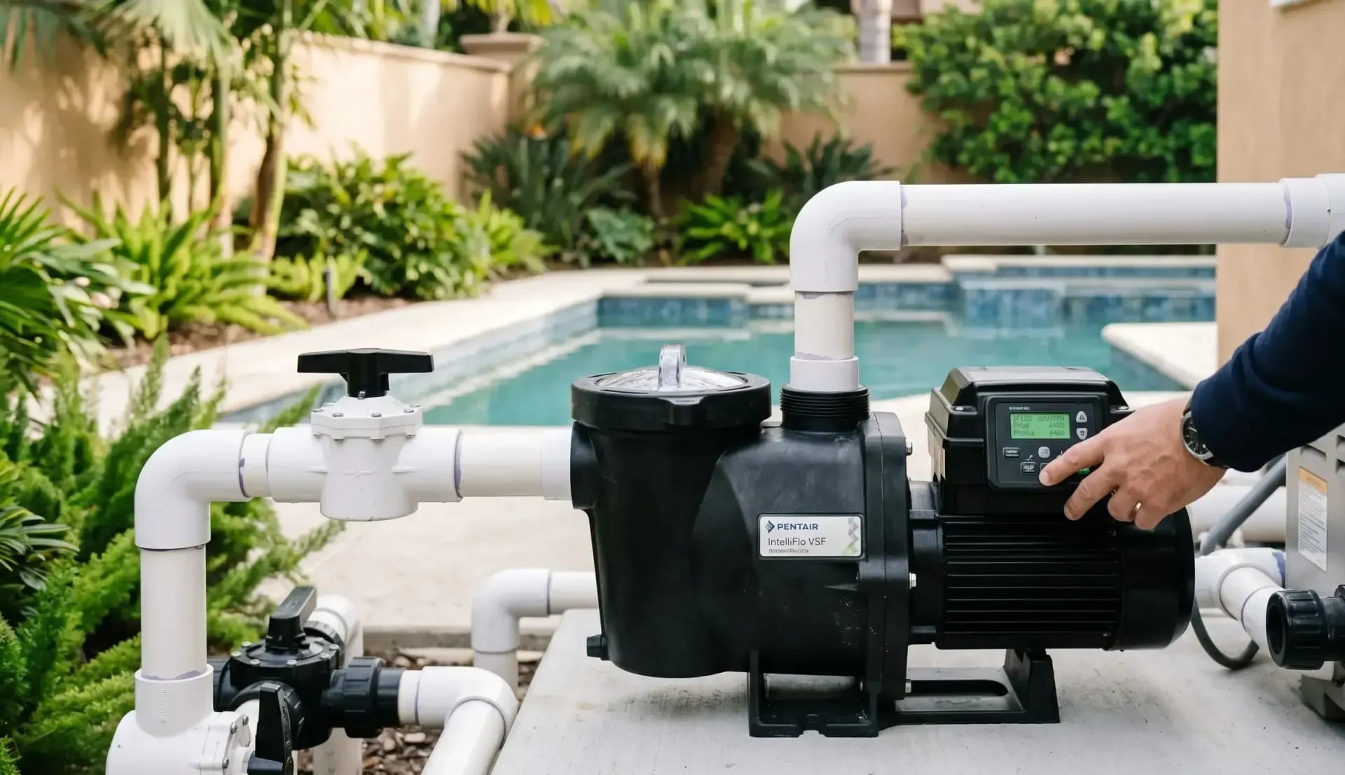 Technician pressing the control panel on a variable-speed pool pump on an equipment pad beside a backyard pool