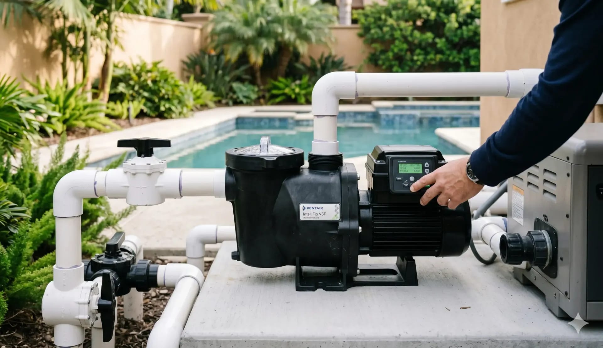 Technician adjusting the control panel on a pool pump connected to a backyard pool system.