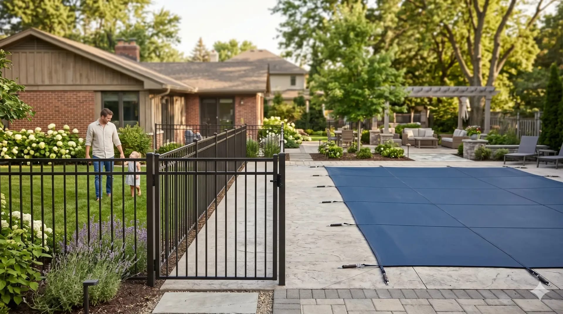 Backyard pool protected by both a black safety fence and a blue safety cover.