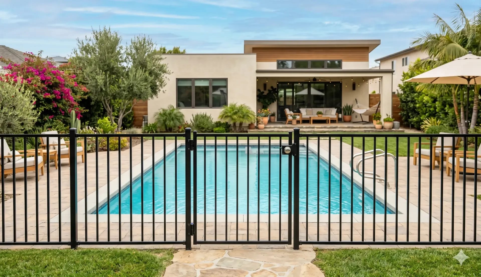 Black safety fence with latched gate enclosing a backyard swimming pool.