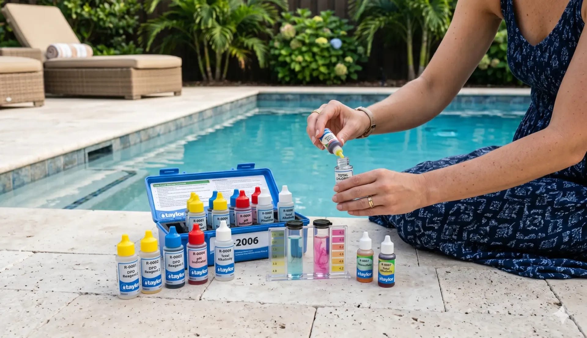 Person using a pool water test kit and reagent bottles beside a swimming pool.