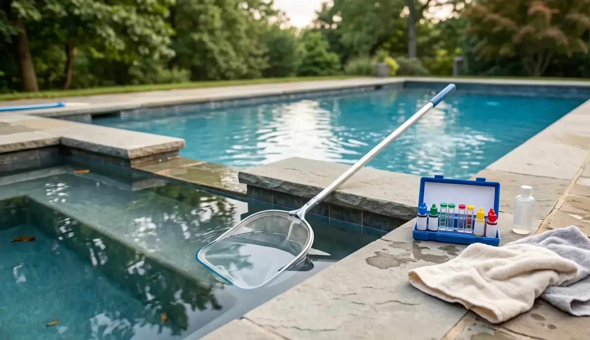 Leaf skimmer, water test kit, and towel beside a backyard pool and spa