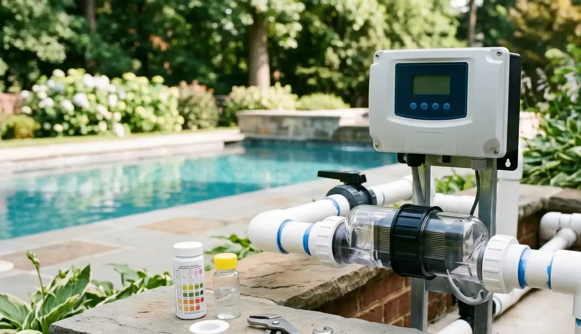 Salt chlorine generator on white PVC plumbing beside a pool filter, with test supplies on the stone coping