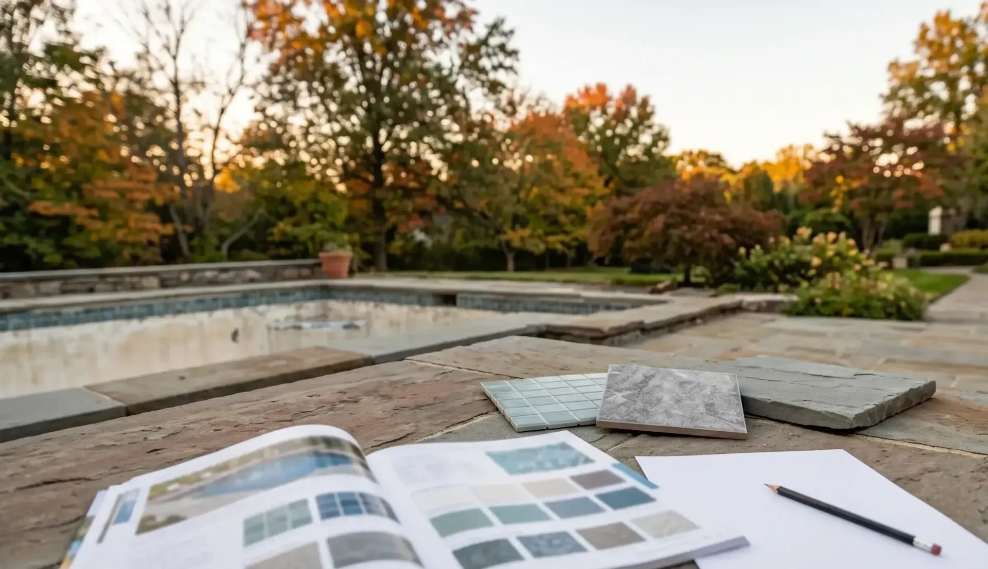 Pool renovation finish samples and planning materials beside a backyard pool in fall