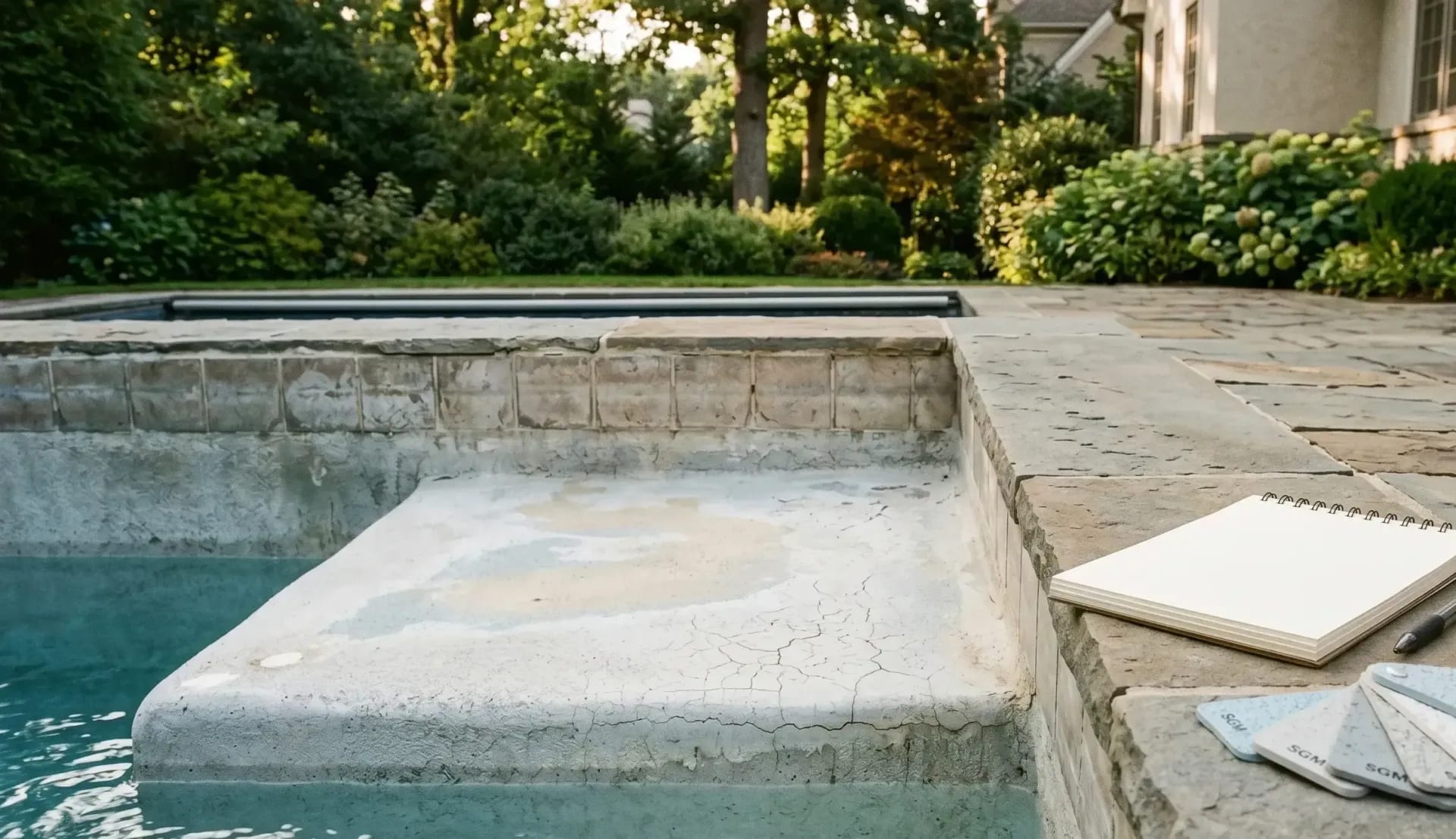 Cracked and worn pool tanning ledge with plaster color samples and a notebook