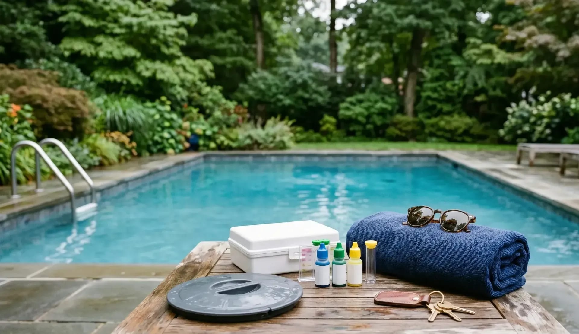 Poolside table with water test kit, towel, keys, and sunglasses beside a backyard pool