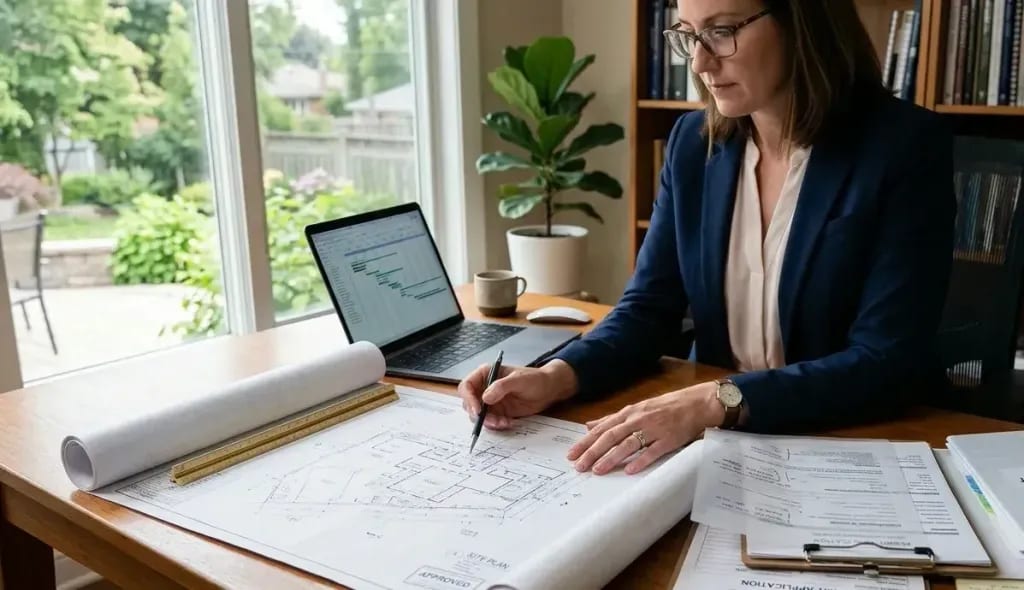 Pool permit coordinator at a home office desk reviewing an approved site plan blueprint with a pencil and ruler while a laptop shows a project Gantt chart schedule, beside clipboards holding a permit application form and project management documents, with a suburban backyard visible through the window