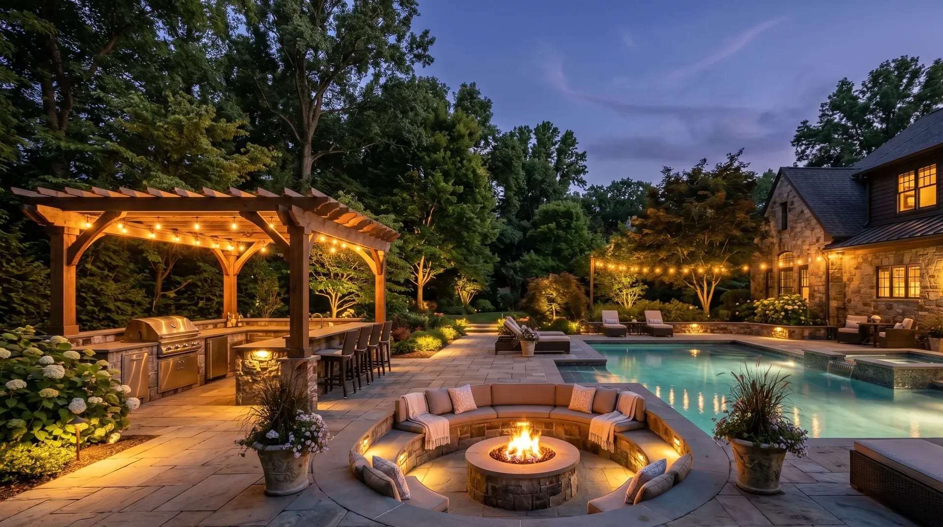 Pool with integrated paver patio, fire pit, and outdoor living space at dusk