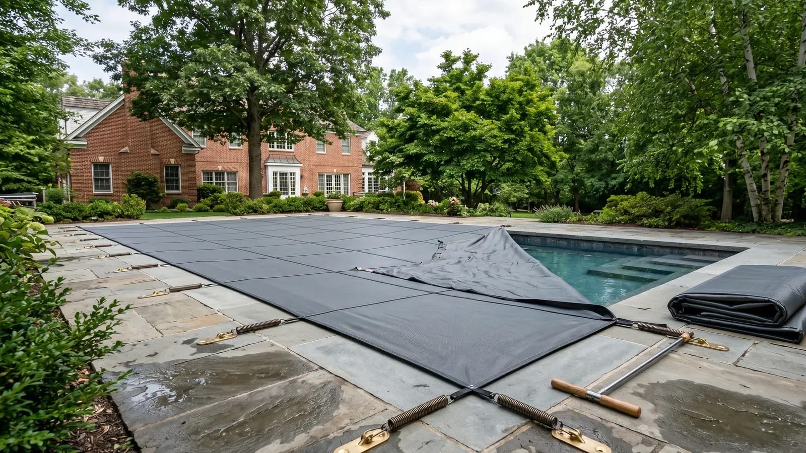 Custom safety cover partially installed over an inground pool in a premium backyard