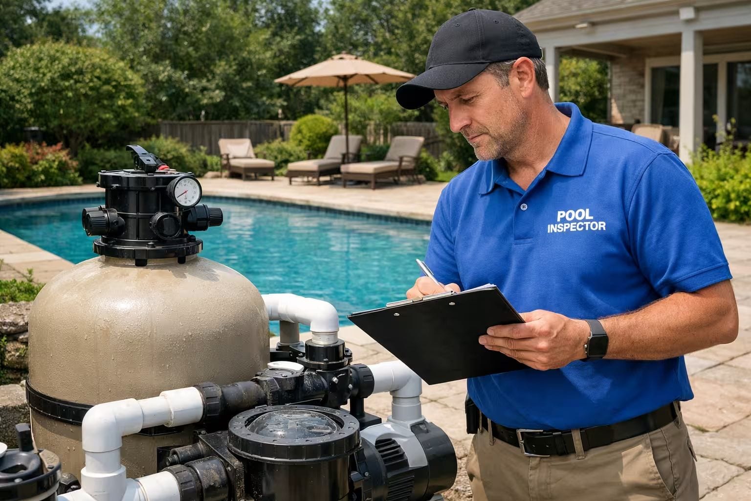 Pool inspector in a blue polo shirt and cap writing notes on a clipboard while standing beside a sand filter with multiport valve and pressure gauge connected to a pump motor, with a clear freeform inground pool and lounge chairs visible in the suburban backyard behind him