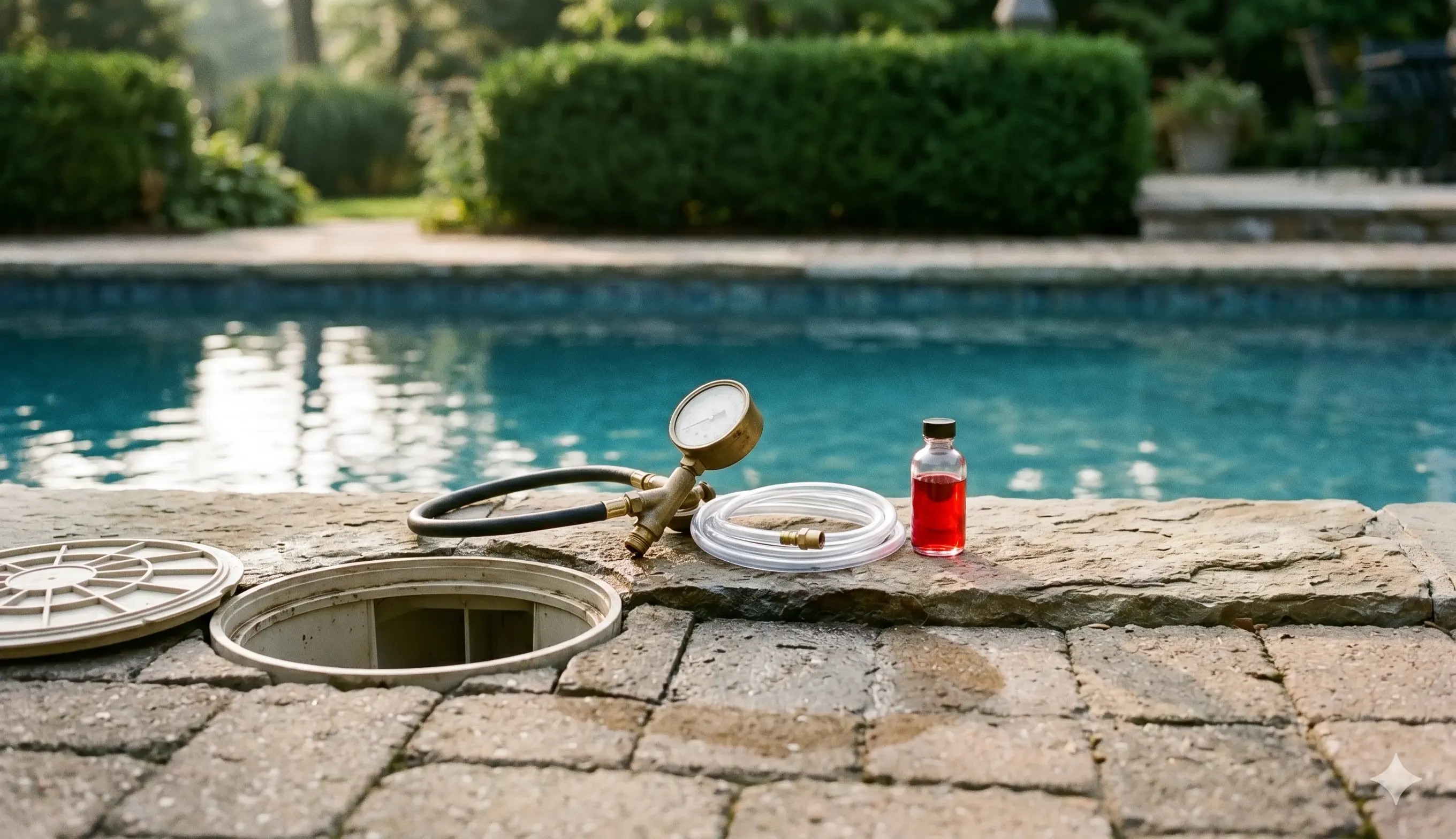 Pressure testing gauge, tubing, and red dye bottle beside an open pool skimmer on stone coping