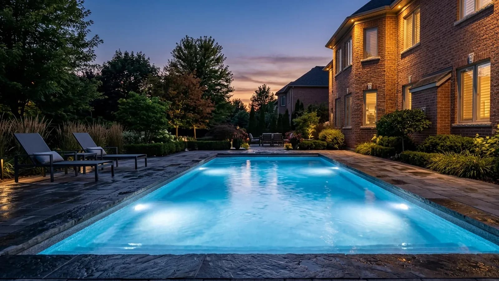 Inground pool illuminated by underwater LED lights at dusk in a premium backyard